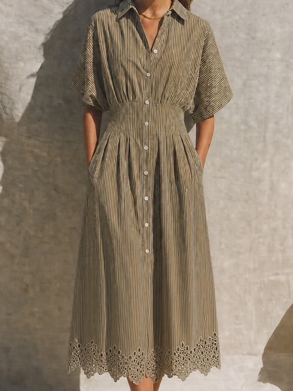 Women's Mediterranean Style Khaki Cotton Blend Striped Collared Button-Front Short Sleeve Eyelet Hem Midi Shirt Dress