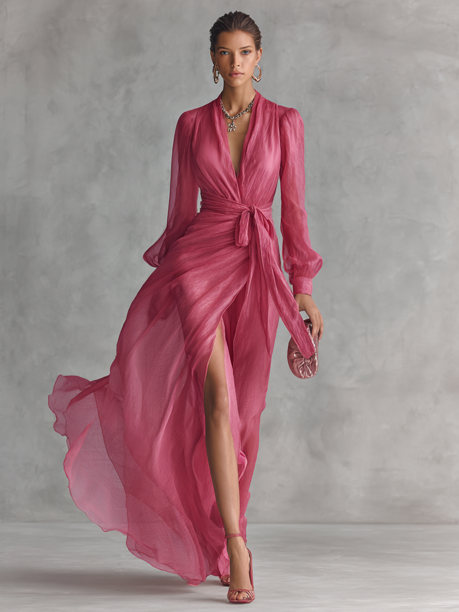 Women's Elegant Rose Pink Pearl Chiffon V-neck Tie-waist Long Dress