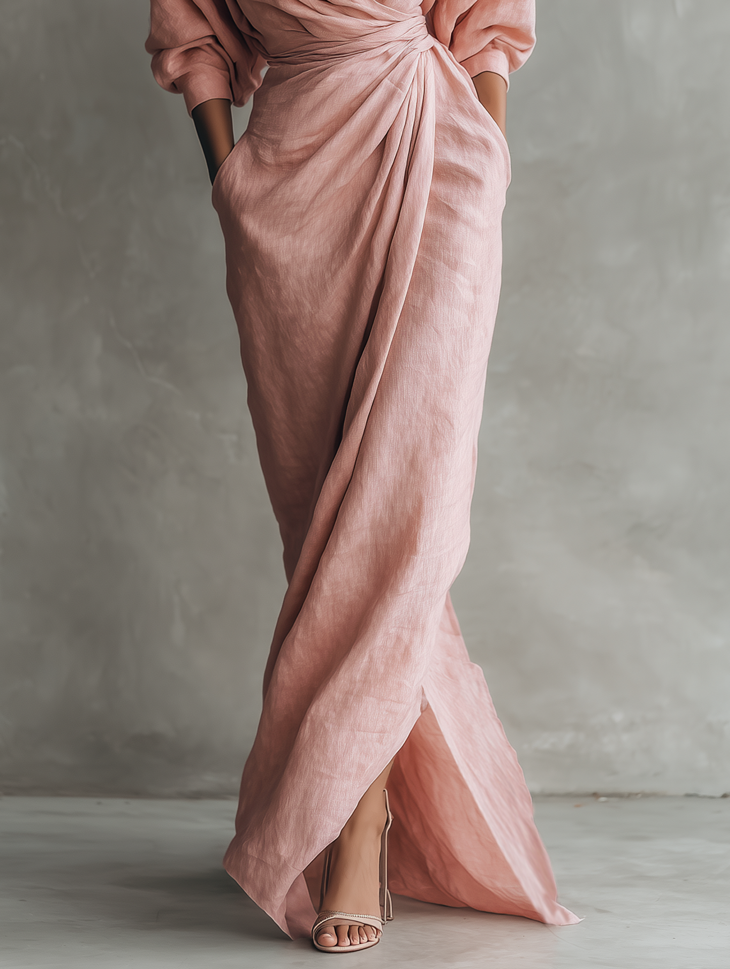 Women's Pink Minimalist V-neck Linen Blend Maxi Dress