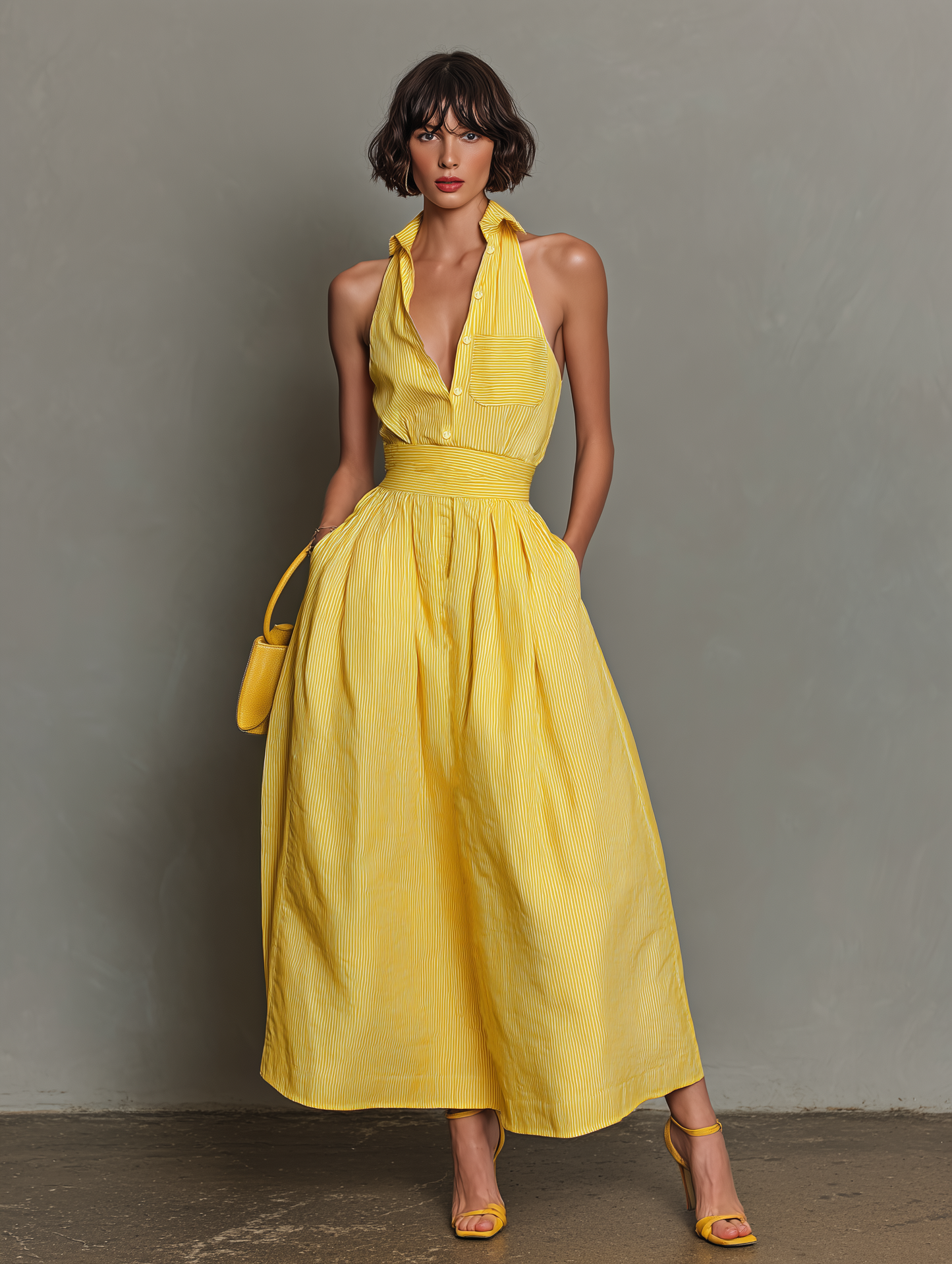 Women's Minimalist Striped Lapel Sleeveless Maxi Dress