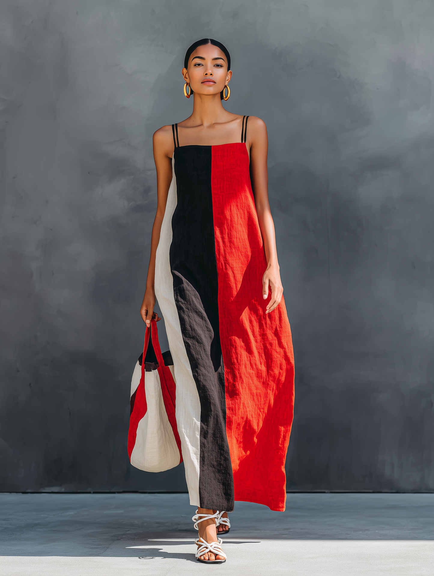 Women's Minimalist Color-Block Linen-Blend Maxi Dress With Square Neck And Spaghetti Straps