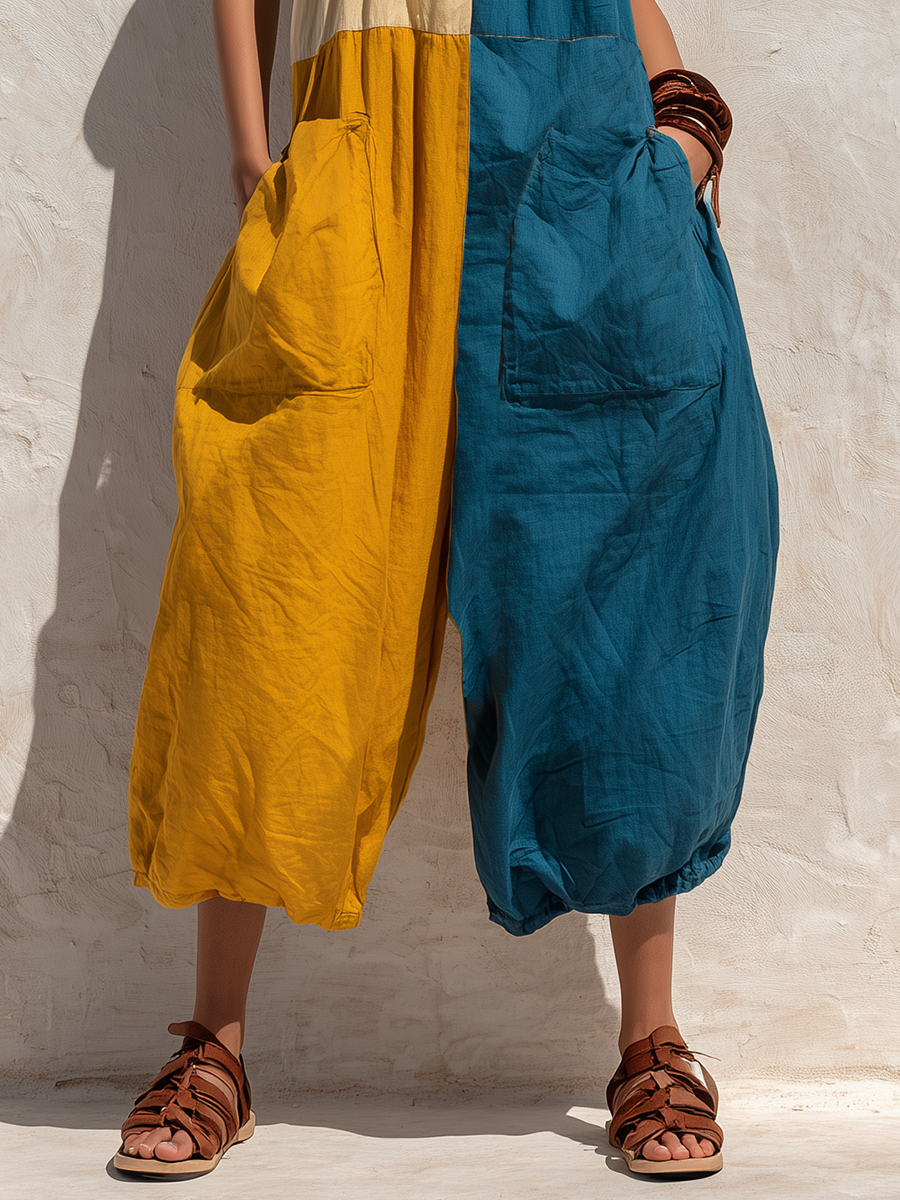 Women’s Boho Tri-Color Block Halter Sling Oversized Linen Baggy Jumpsuit With Big Cargo Pockets