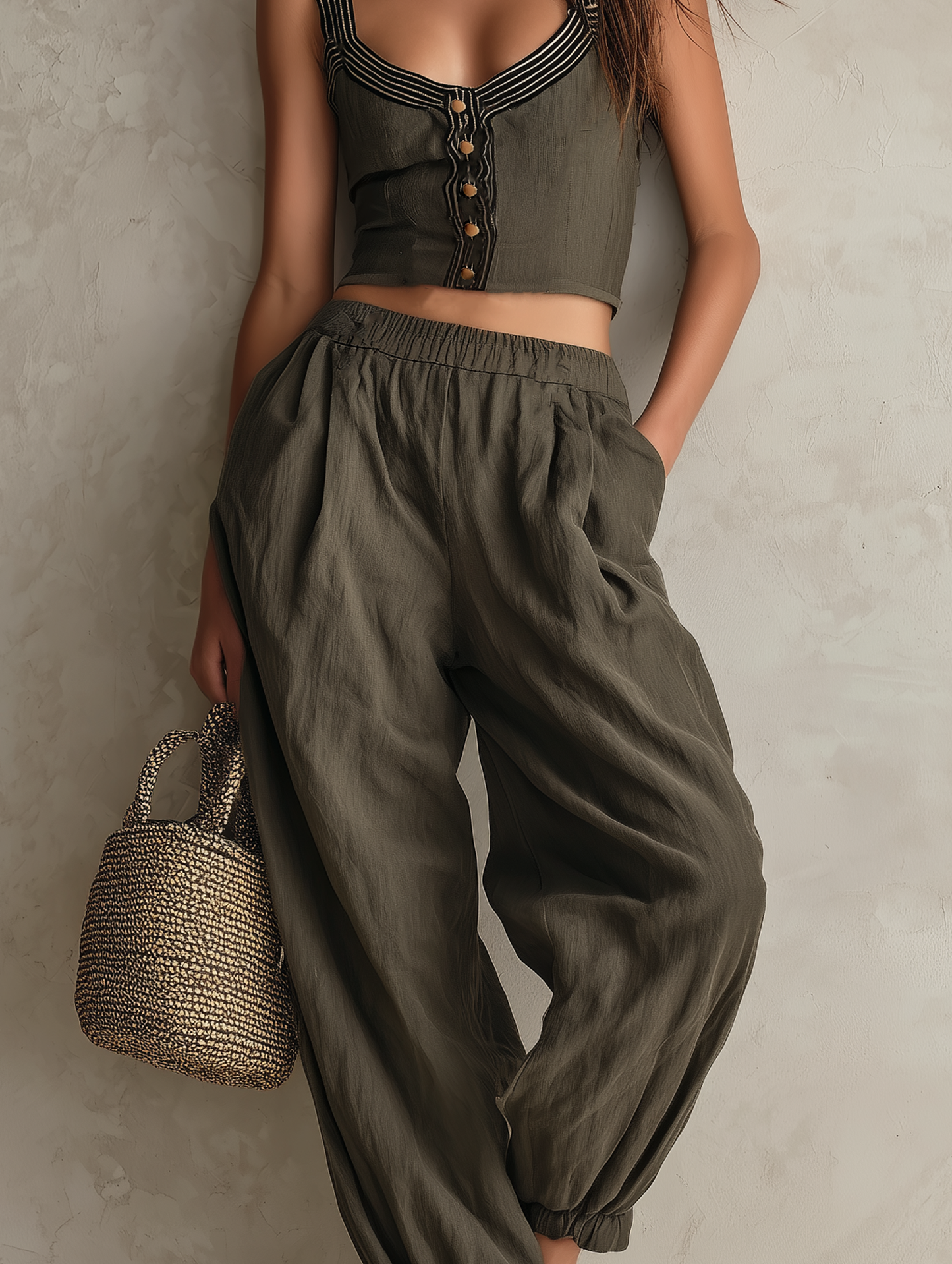 Women's Casual Grey-green Woven Sleeveless Top Paired With Trousers.