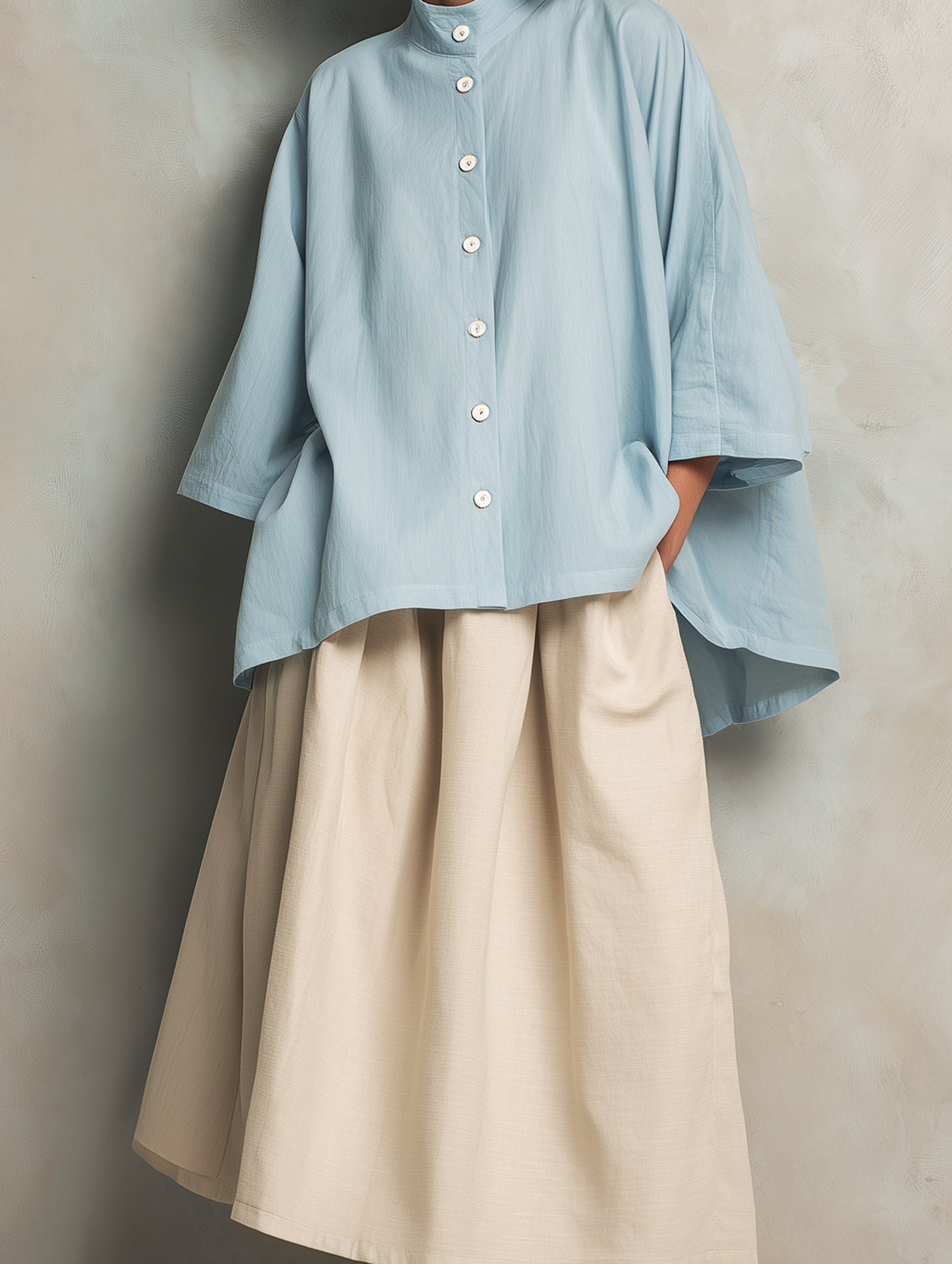 Women's Casual Light Blue Cotton-linen Long-sleeve Shirt Paired With A Khaki Cotton-linen Skirt
