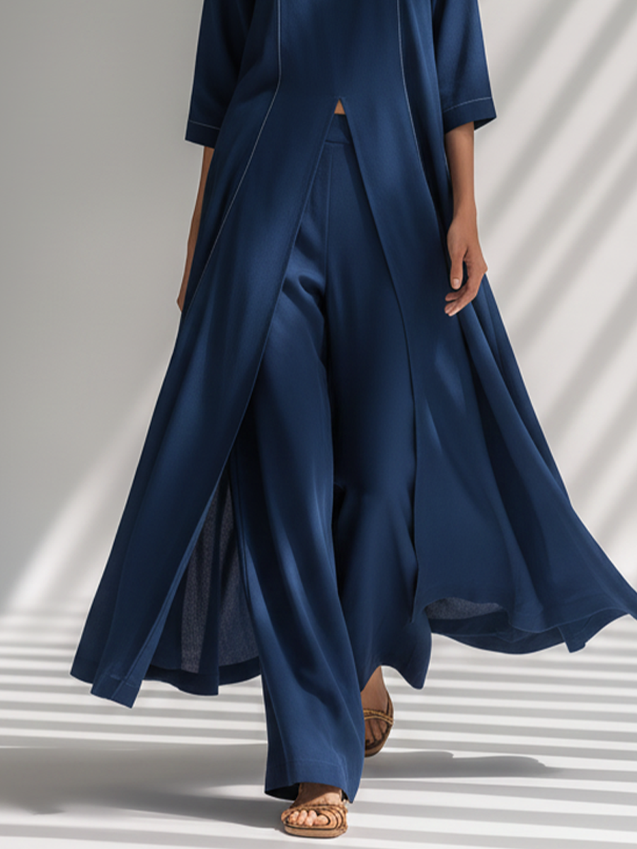 Women's Navy Blue Light Chiffon Co-Ord With Contrast White Stitch Seam Tunic & High Waist Flowy Trousers, Modern Effortless-Chic Smart Casual Two-Piece Set