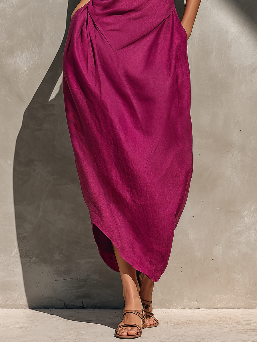 Women’s Fuchsia Linen Sleeveless Boat Neck Cross Asymmetric Hem Midi Dress With Side Pockets