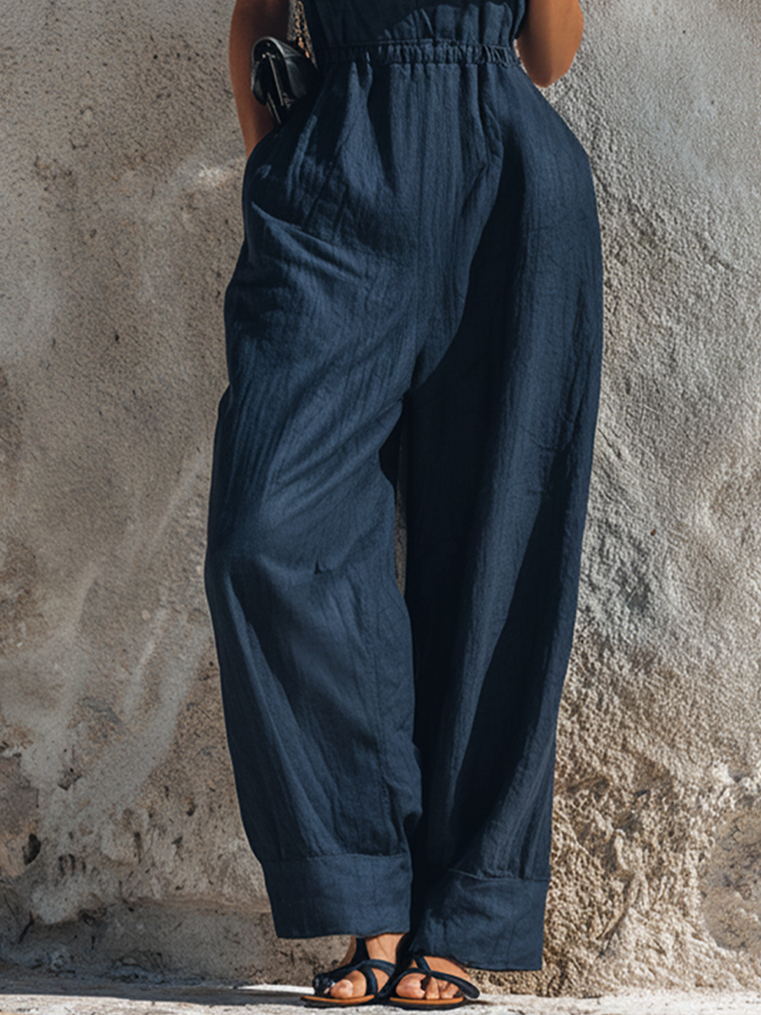 Women's Casual Navy Blue Cotton-Linen Faux-Layer Collar Cinched Waist Wide-Leg Long Jumpsuit