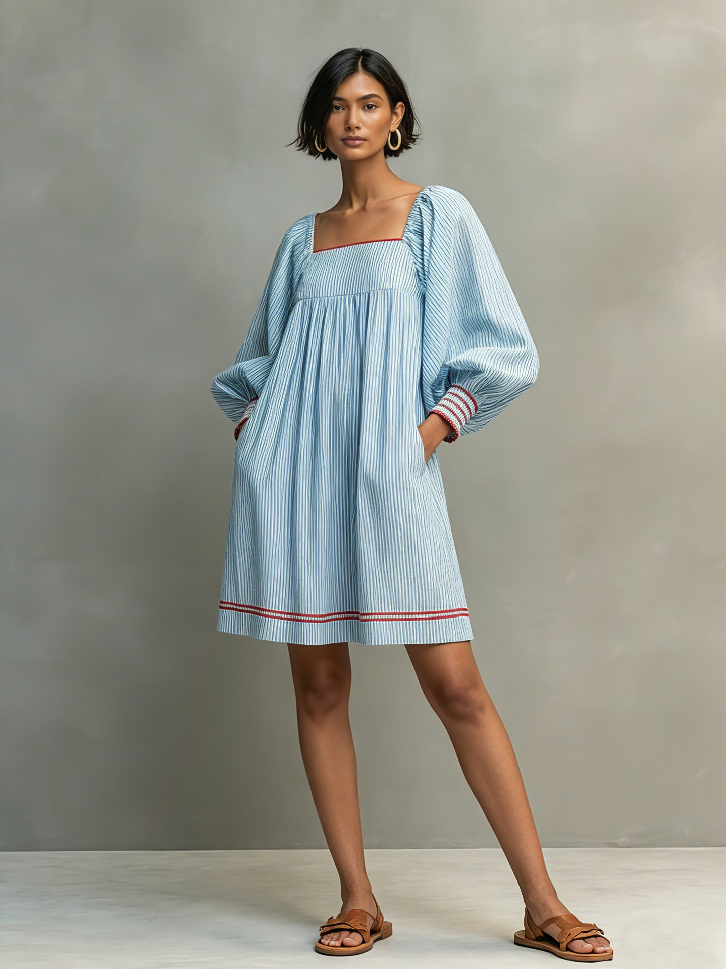 Women's Two-way Wear Design Minimalist Striped Mini Dress Featuring Red-trimmed Lantern Sleeves