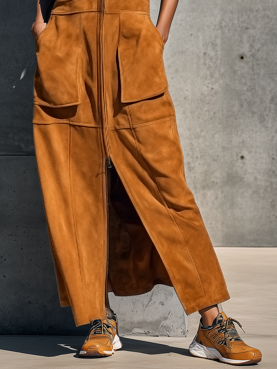 Women’s Camel Faux Suede Sleeveless U-Neck Full Front Zip Multi Patch Pockets Side Split Maxi Cargo Dress With Side Pockets
