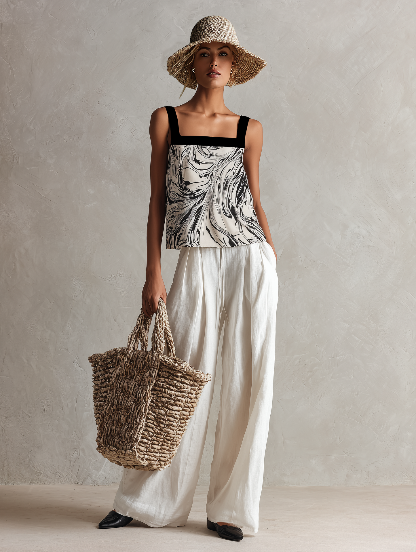 Women's Minimalist Marble-Print Sleeveless Tank Top And Linen-Blend Wide-Leg Pants Set