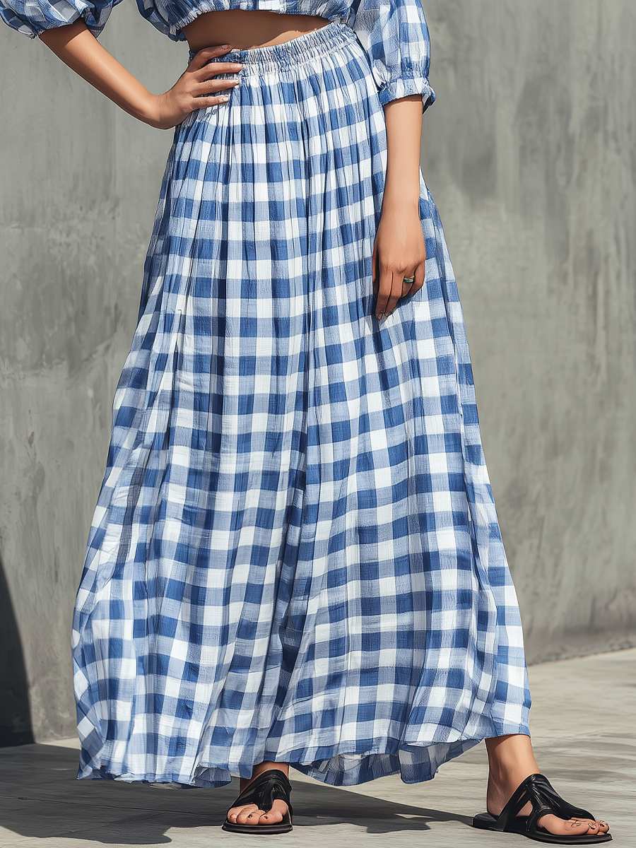 Women’s Blue White Gingham Plaid Lapel Collar Puff Half Sleeve Cropped Shirt & Elastic High Waist Flowy Maxi Skirt Two Piece Matching Set