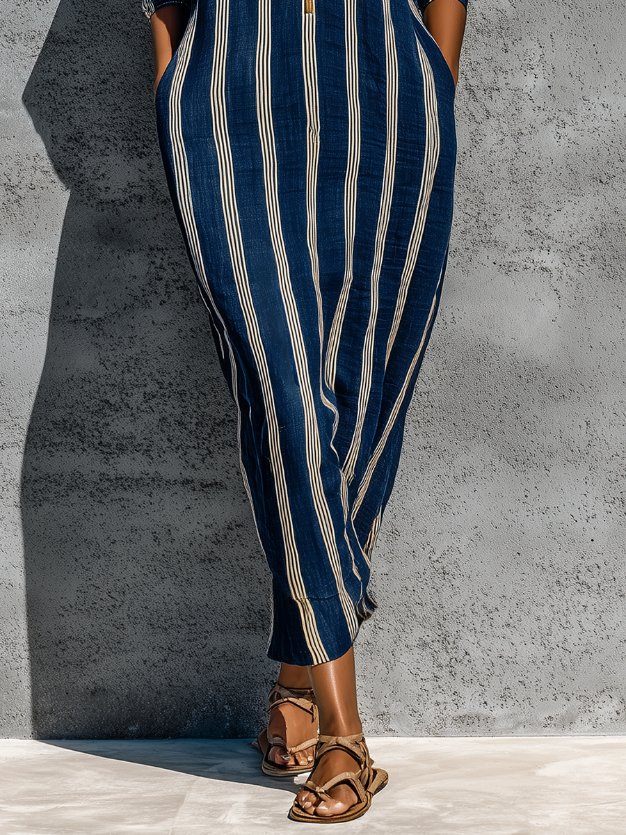 Women’s Navy White Vertical Stripe Linen Stand Collar Gold Half Zip Cuffed Batwing Sleeve Loose Midi Kaftan Dress With Side Pockets