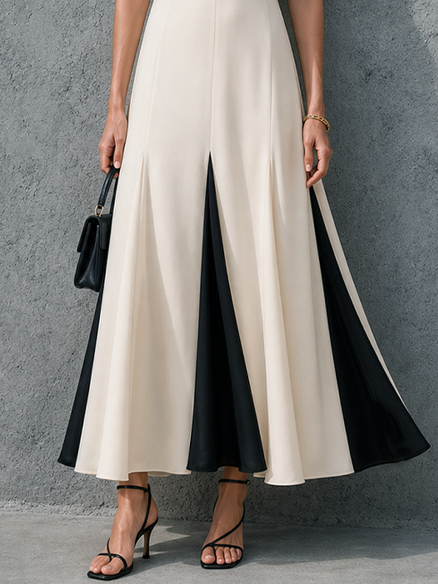 Women's Elegant Workwear Style Off-White Cotton Blend Color Block Lapel Short Sleeve Maxi Dress