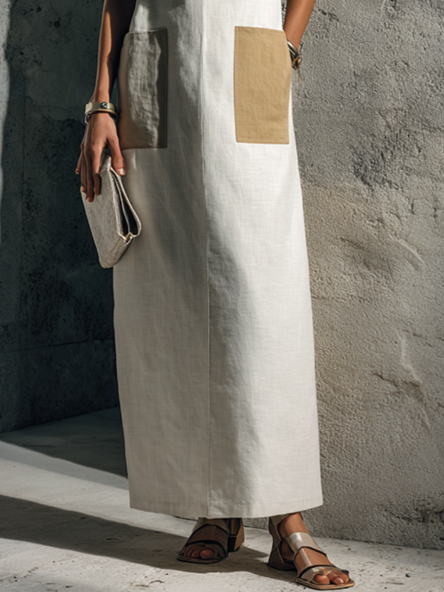 Women's Minimalist Style Off-White Linen Cotton Square Neck Short Sleeve Patch Pocket Maxi Dress