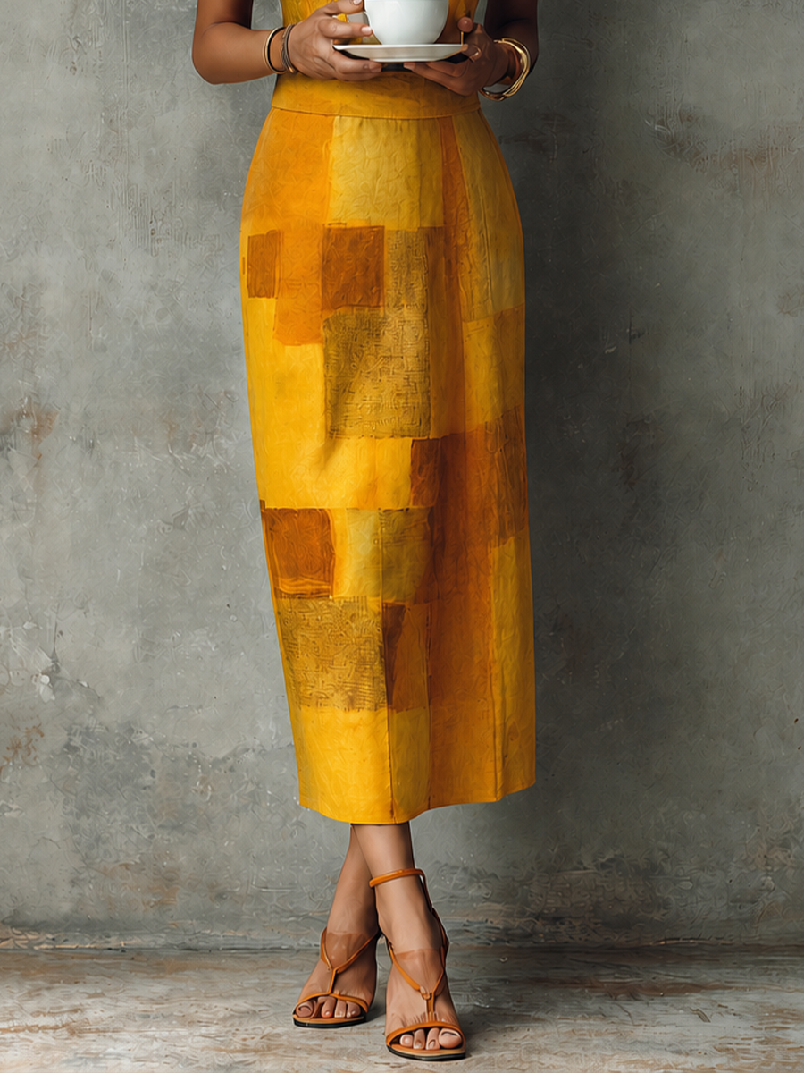 Women's French Aesthetic Style Turmeric Cotton Blend Mock Neck Sleeveless Block Print Midi Dress