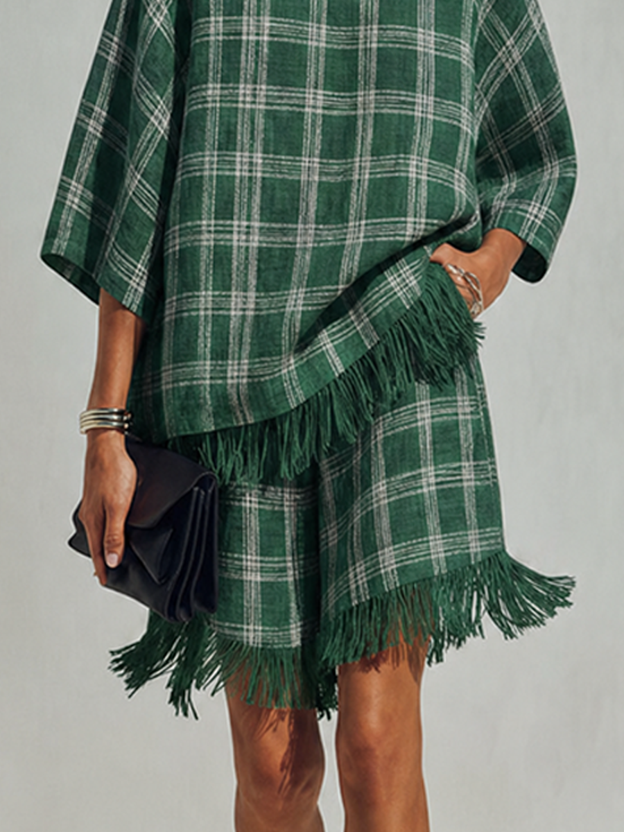 Women's Minimalist Green & White Check Linen-Blend Short-Sleeve Top And Shorts Set