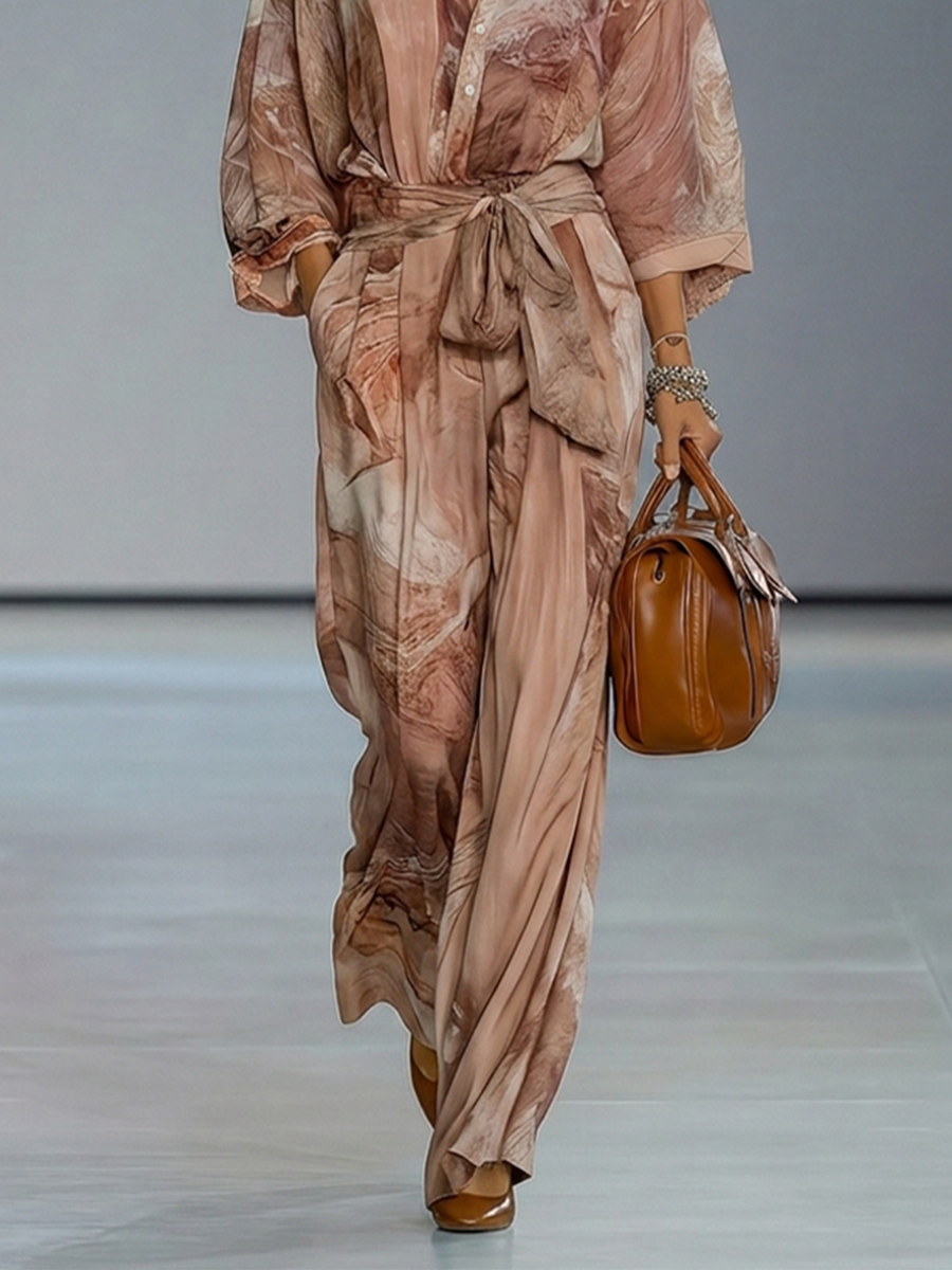 Women's Dusty Pink Print Chiffion Jumpsuit With Collared Half Placket & Self Tie Waist Belt, Modern Elegant Vacation Full Length Jumpsuit
