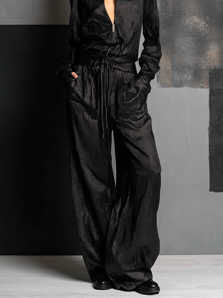 Women's All-Black Vertical Striped Lurex Jumpsuit With Collar Half Zip Front & Self Tie Wait Belt, Edgy Night Out Wide Leg Metallic Jumpsuit