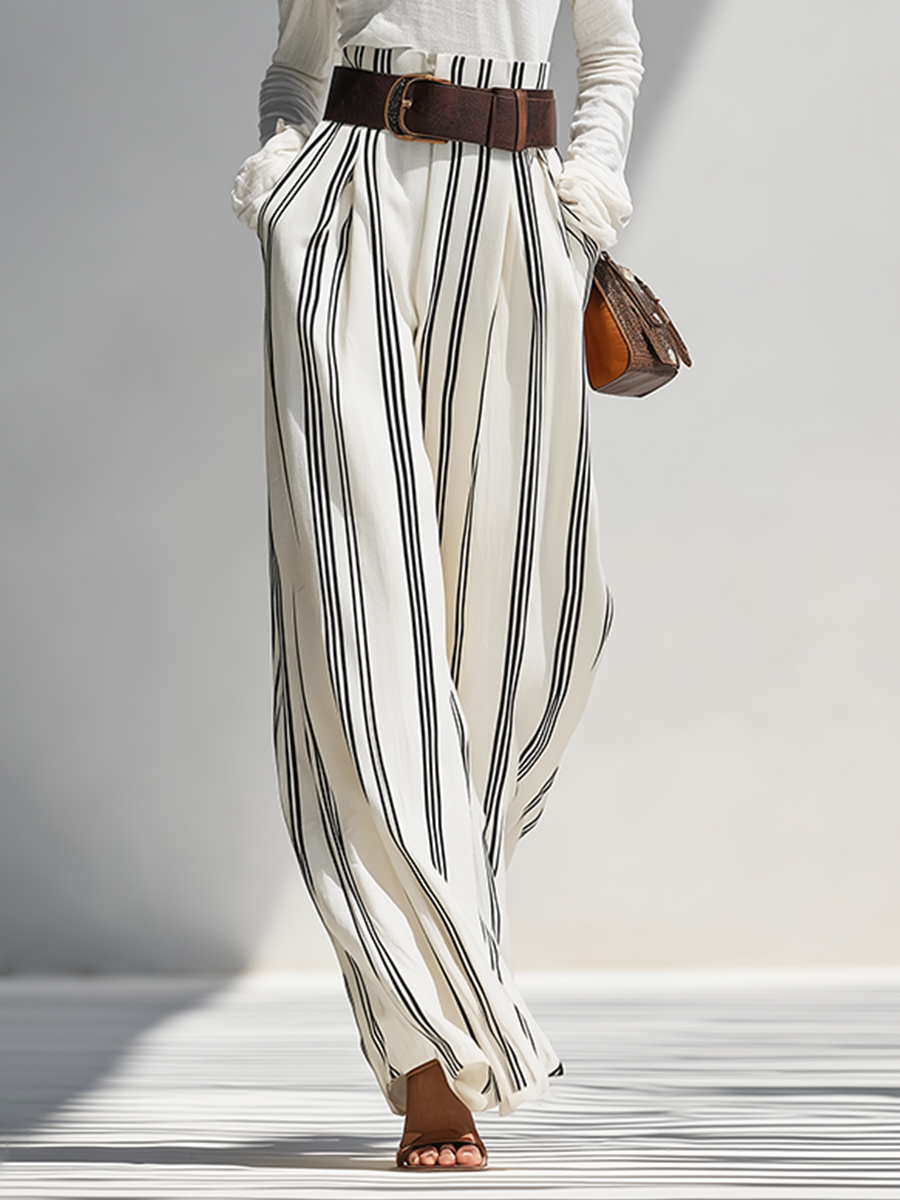 Women's Solid White Light Knit Co-Ord With One Shoulder Cutout Blouse & Pleated Striped Flow Palazzo Trousers, Modern Effortless-Chic Daily Casual Two-Piece Set (without Belt)