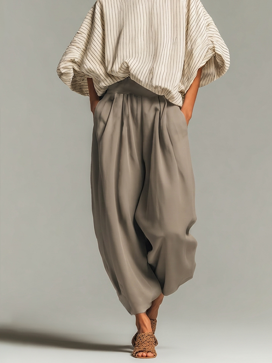 Women's Beige Pinstripe Woven Co-Ord With Loose Boat Neck Bubble Sleeve Top & High Waist Baggy Gray Side Pocket Trousers, Modern Effortless-Chic Daily Two-Piece Set