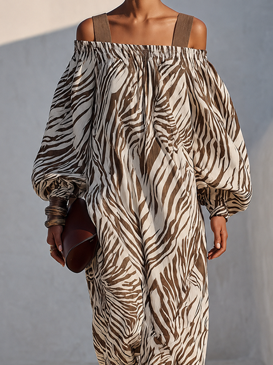 Women's Brown Zebra-Print Linen-Blend Off-Shoulder Maxi Dress