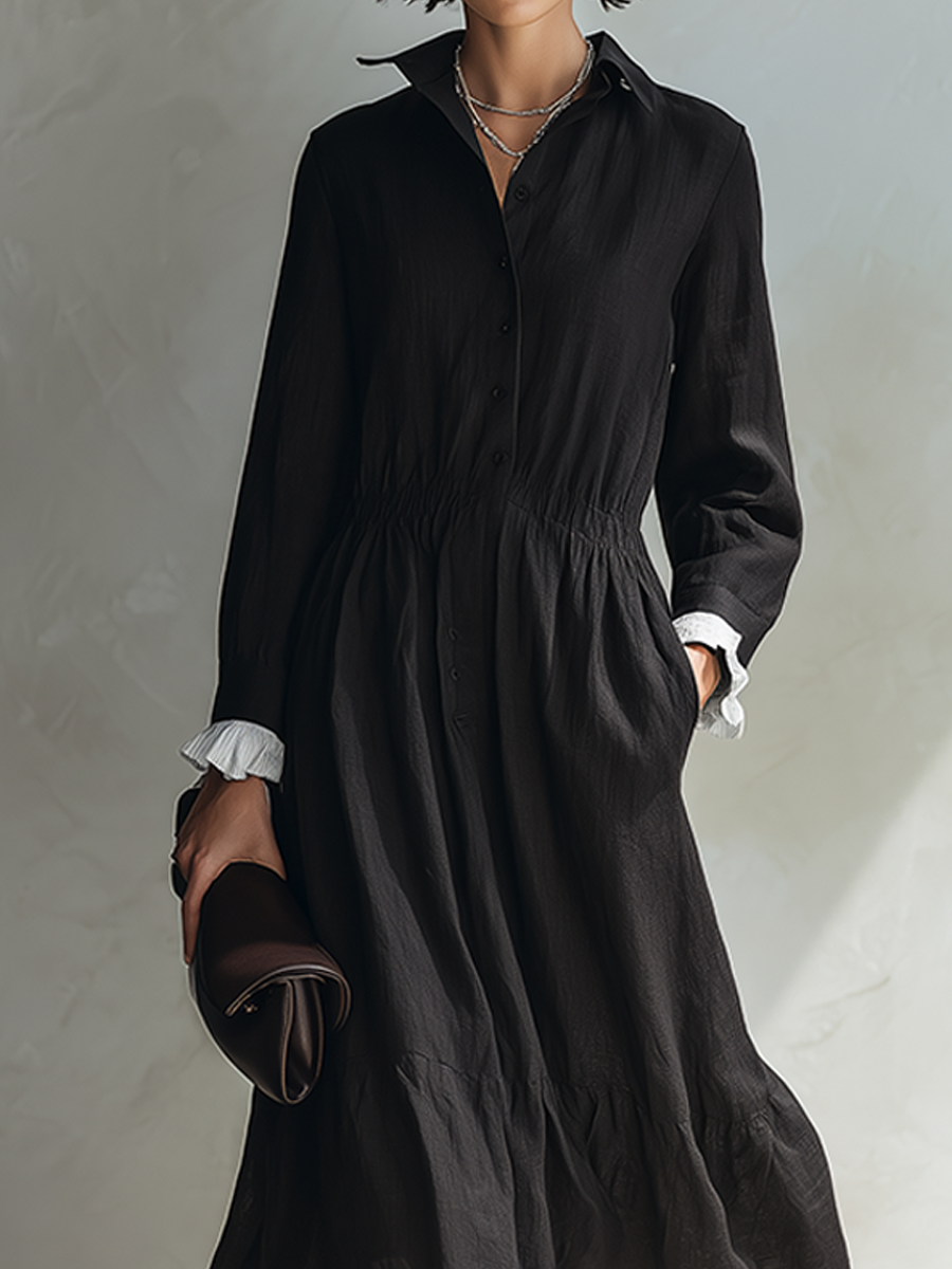 Women's Solid Black Linen Midi Shirt Dress With White Ruffle Accents