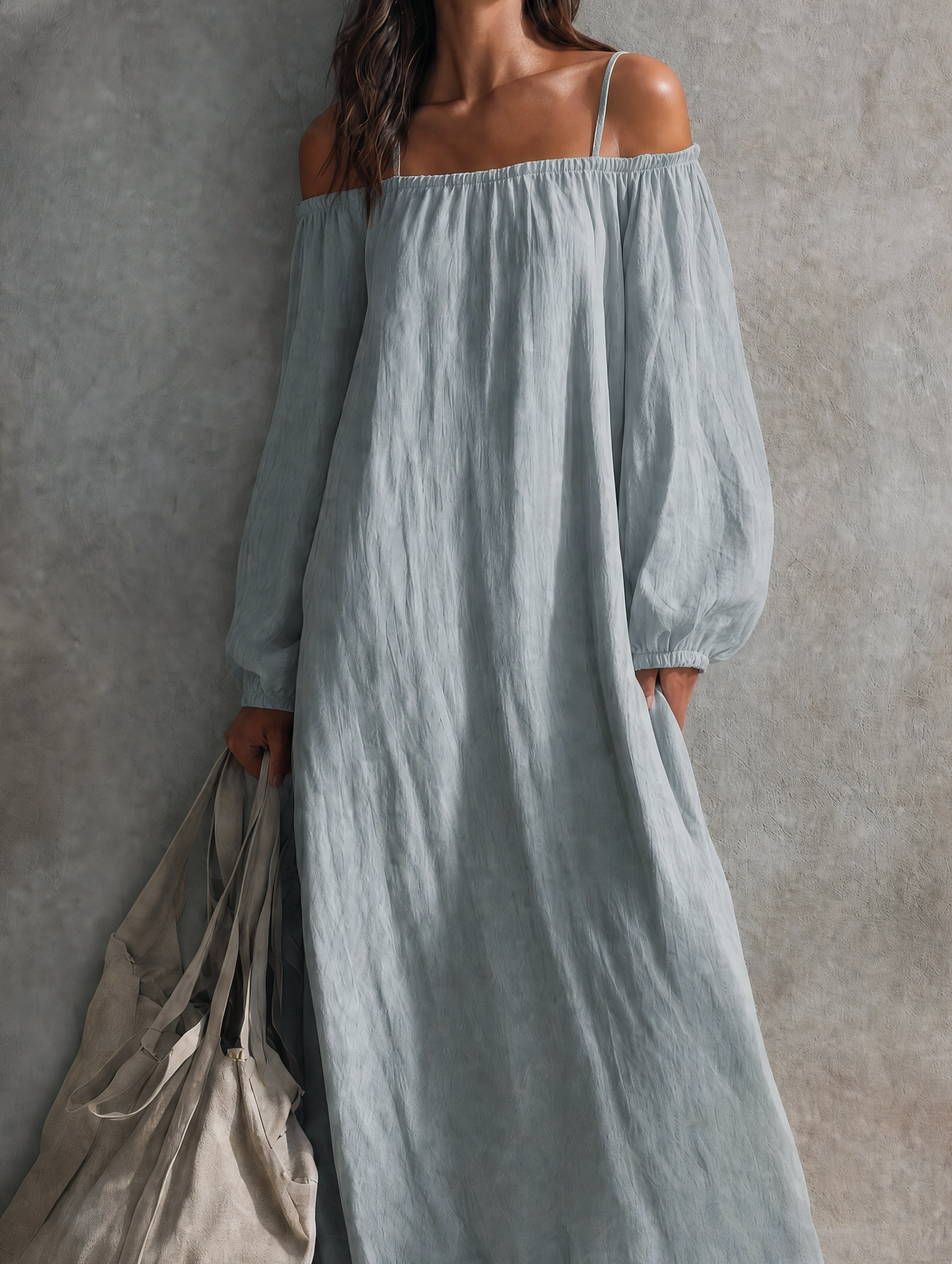 Women's Casual Light Grey-blue Cotton-linen Maxi Dress With Spaghetti Straps, Off-shoulder Design, And Long Sleeves