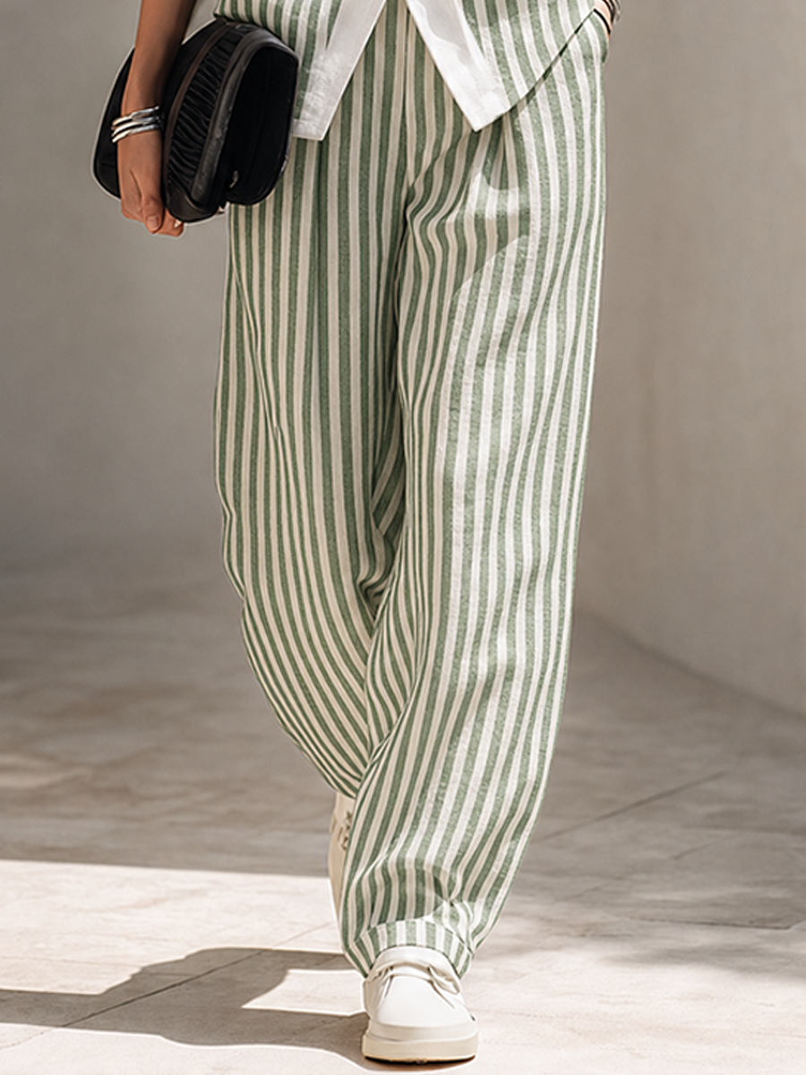Women's Minimalist Green & White Striped Linen-Blend Sleeveless Vest And Wide-Leg Trouser Set