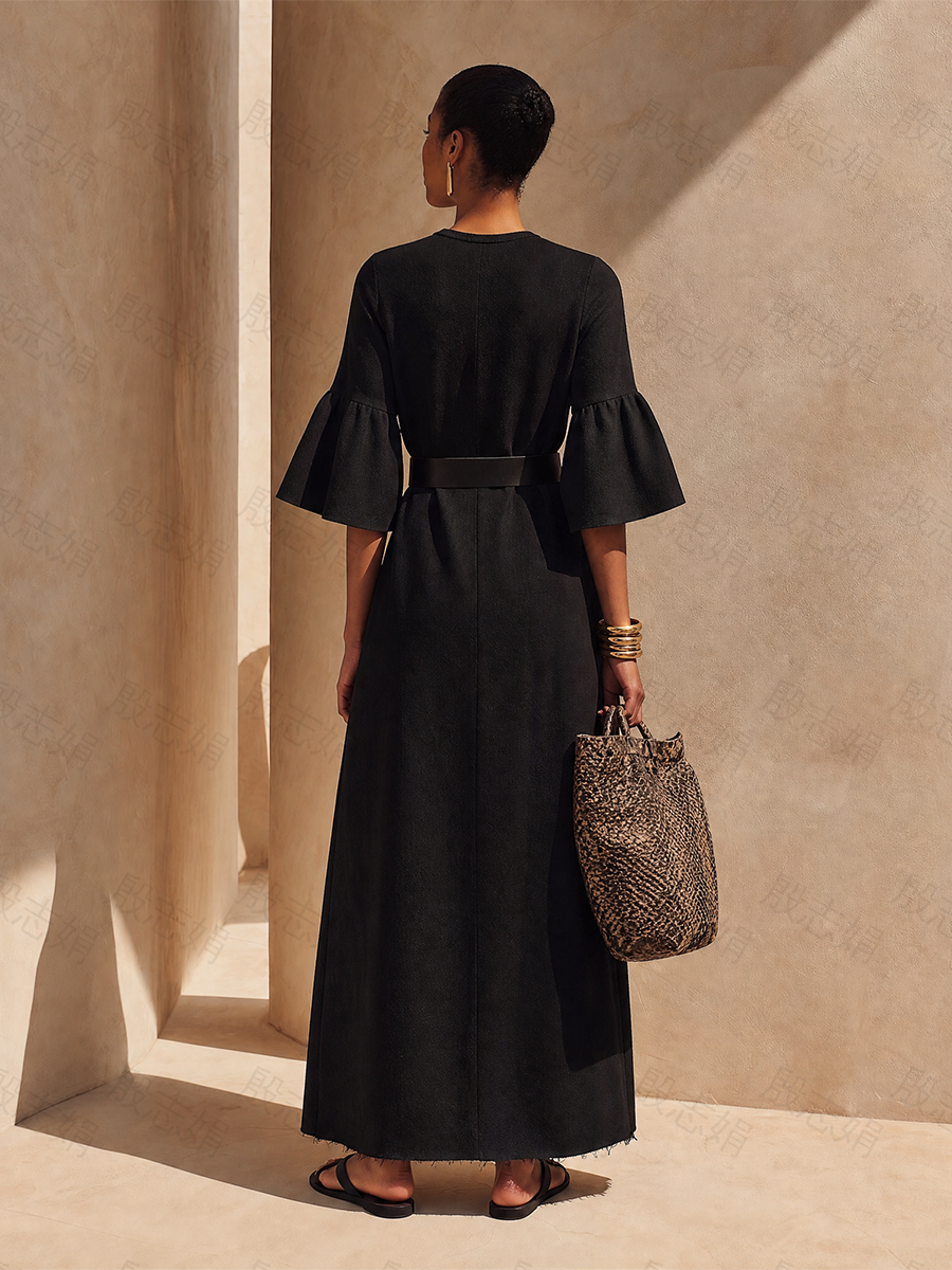 Women’s Black Crew Neck Flare Half Sleeve Raw Frayed Hem Midi Maxi Dress With Side Pockets