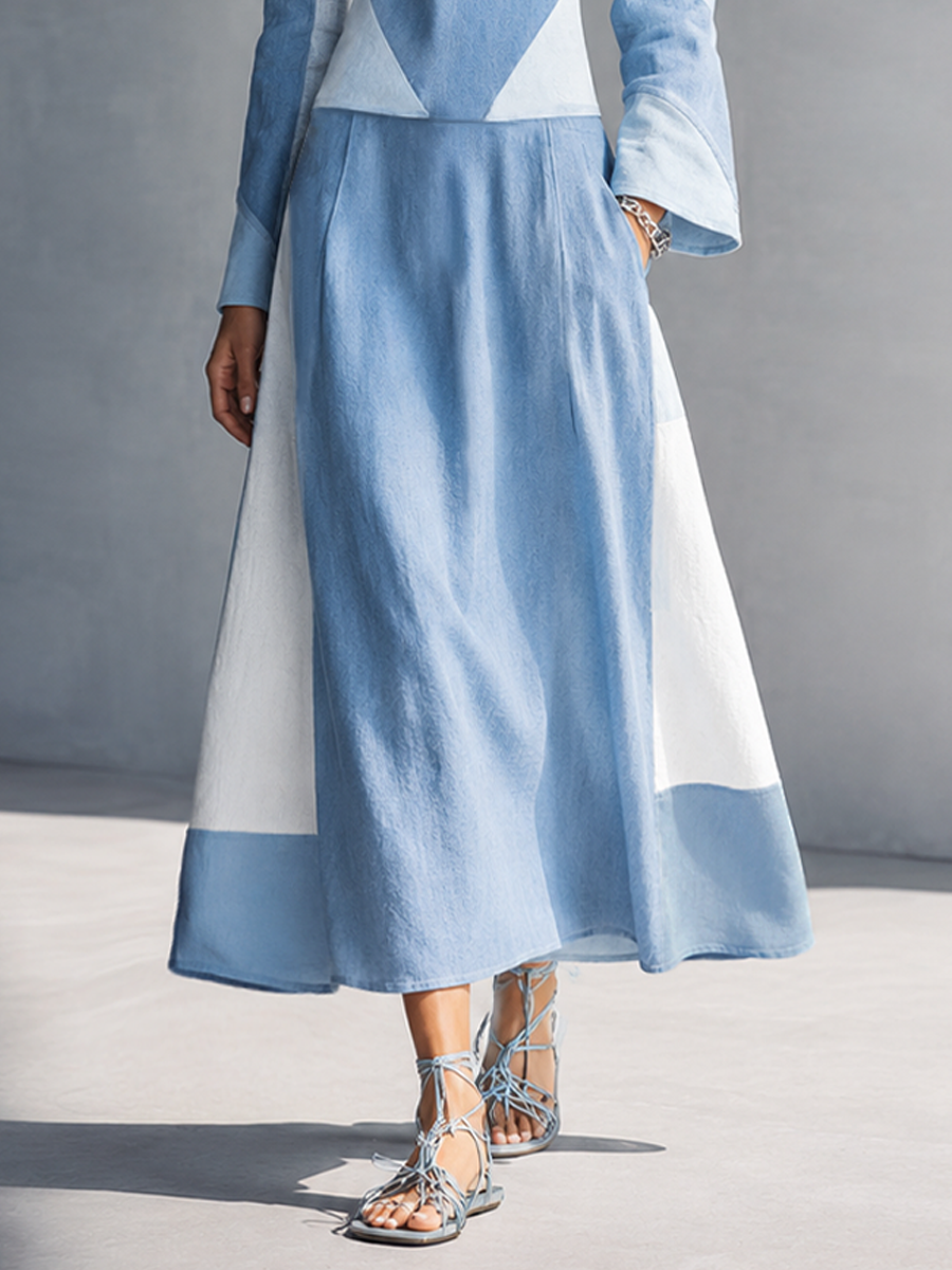 Women's Minimalist Style Light Blue Linen Cotton V Neck Flare Long Sleeve Geometric Color Block Midi Dress