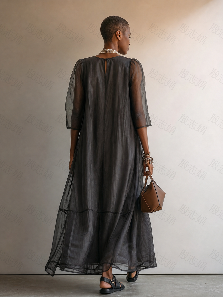 Women’s Dark Gray Minimalist Sheer Chiffon Overlay Round Neck Mid Sleeve Flowy Tiered Oversized Maxi Dress