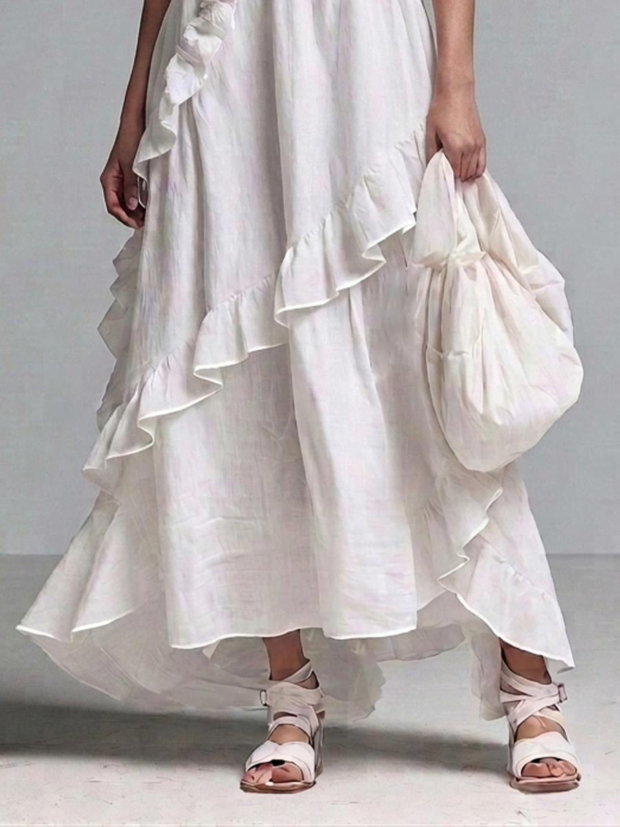 Women’s Boho White Linen Short Sleeve Ruffle Trim V-Neck Loose Flowly High Low Hem Maxi Dress