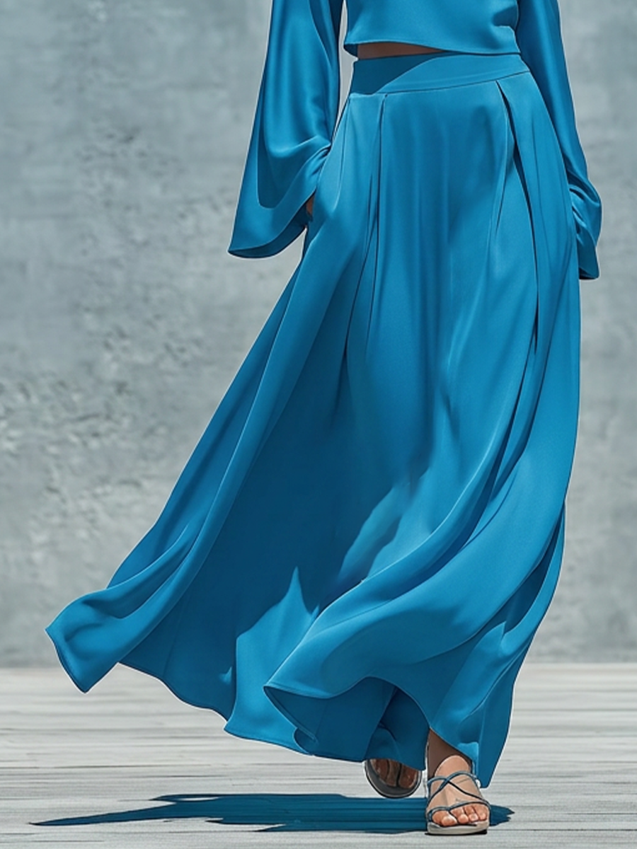 Women’s Blue Satin One Shoulder Halter Bell Sleeve Cropped Top & High Waist Pleated Flowy Maxi Skirt Two Piece Matching Set