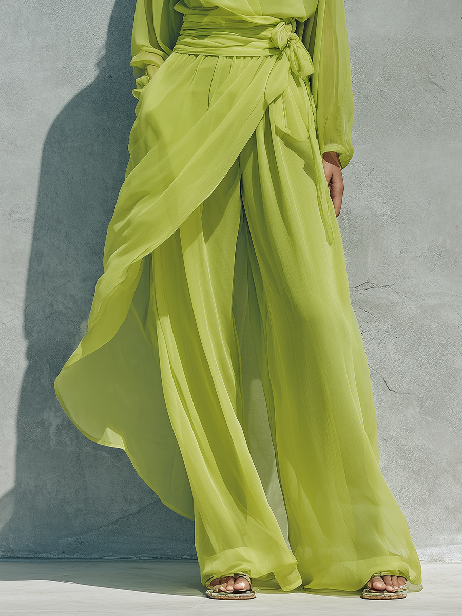 Women’s Lime Green Sheer Chiffon High Neck Balloon Long Sleeve Wrap Tie Waist Overlay Skirt Wide Leg Pants Two Piece Vacation Set