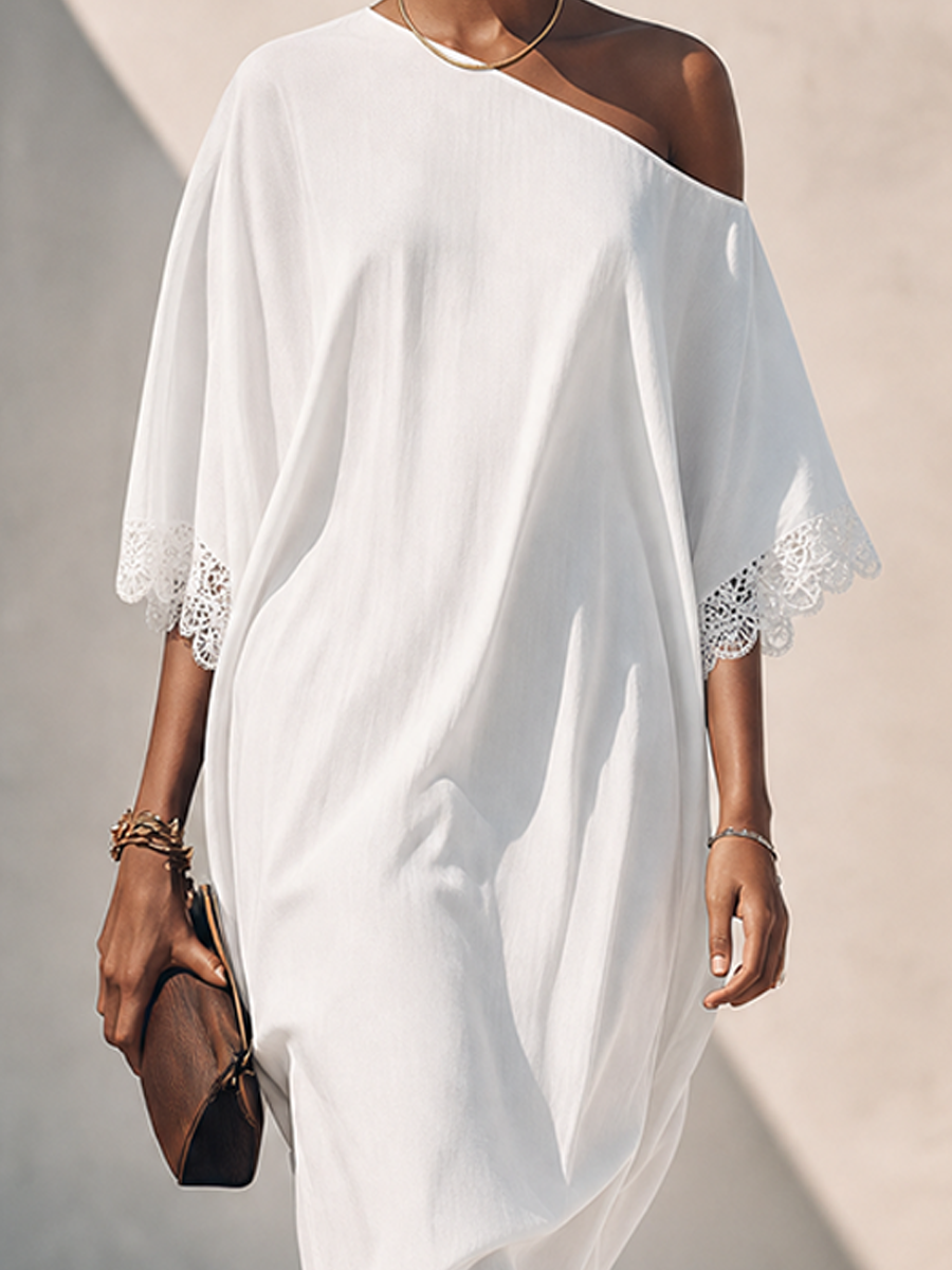 Women's Pure White Linen Asymmetric Off-Shoulder Midi Dress With Lace Trim