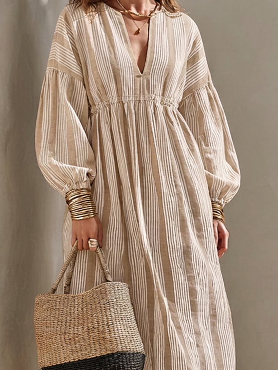 Women's Minimalist Off-White Vertical-Stripe Linen Maxi Dress