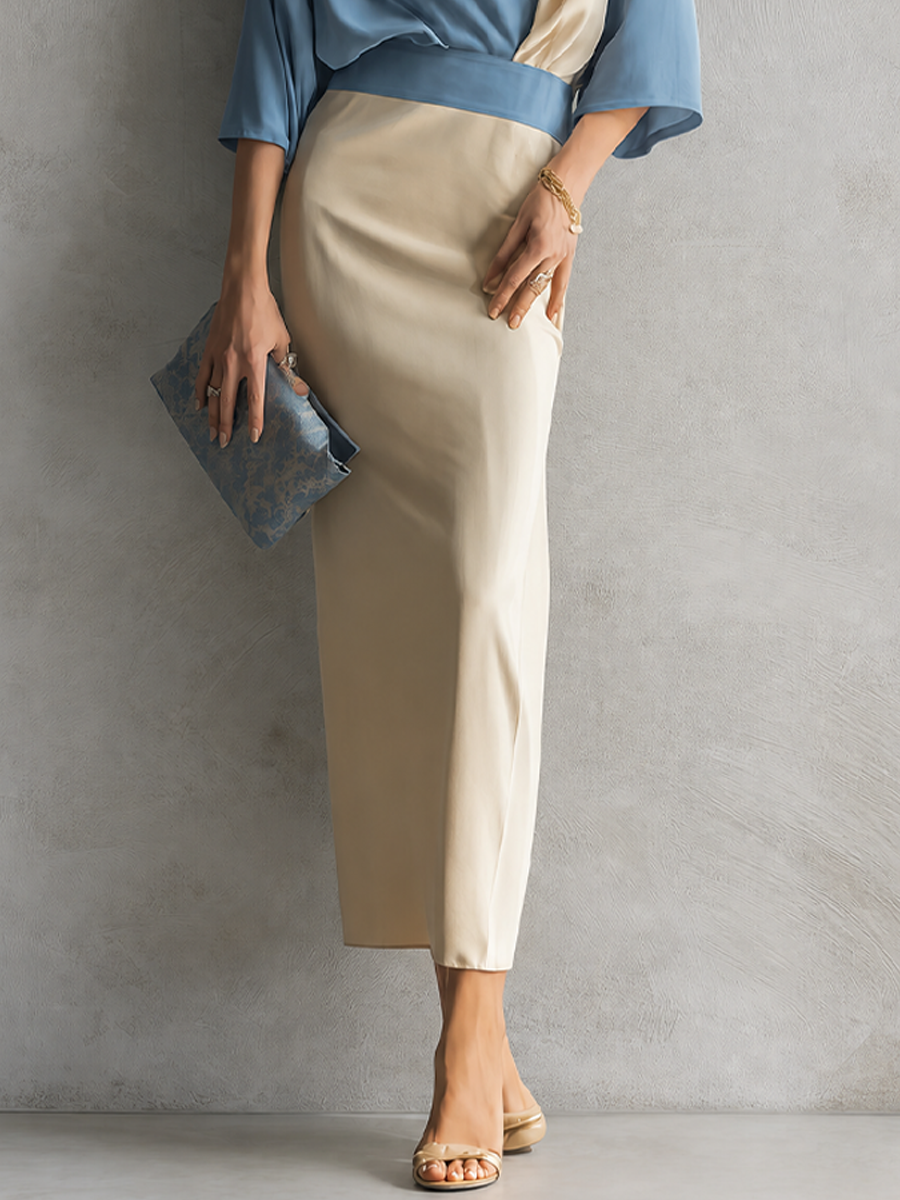 Women's Minimalist Premium Off White And Light Blue Cotton Blend V Neck Contrast Color Fitted Long Skirt Outfit