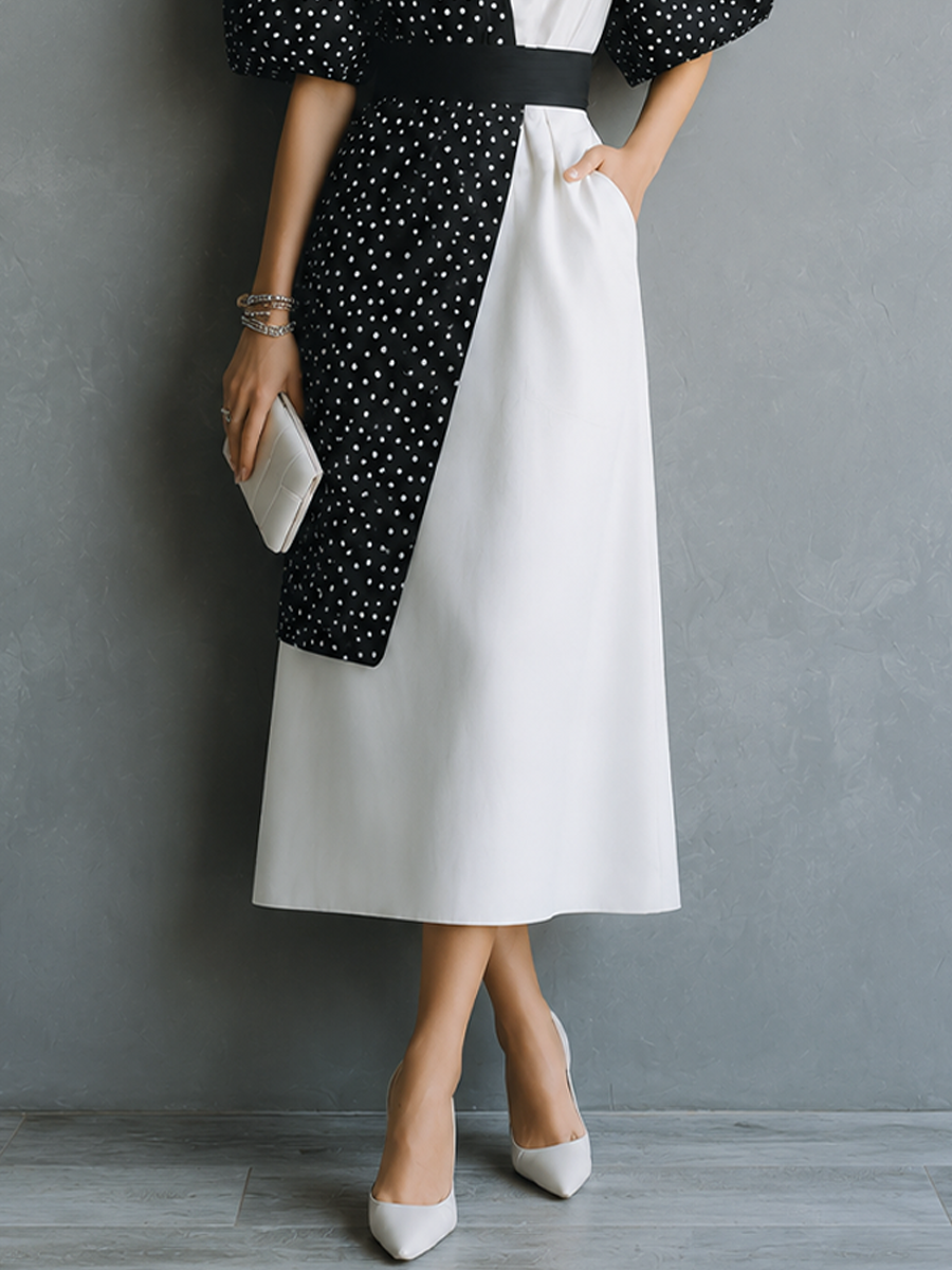 Women's Retro French Style Black White Cotton Blend Color Block V-Neck Puff Short Sleeve Waistband Midi Dress