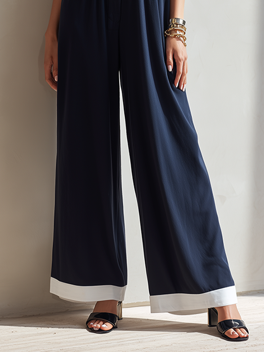 Women's Minimalist Navy & White Color-Block Lapel Short-Sleeve Wide-Leg Jumpsuit With Elastic Waist