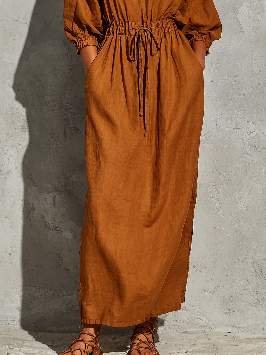 Women’s Rust Linen Blend White Contrast Embroidery V Neck Bubble Cuff Sleeve Drawstring Waist Midi Maxi Dress With Side Pockets