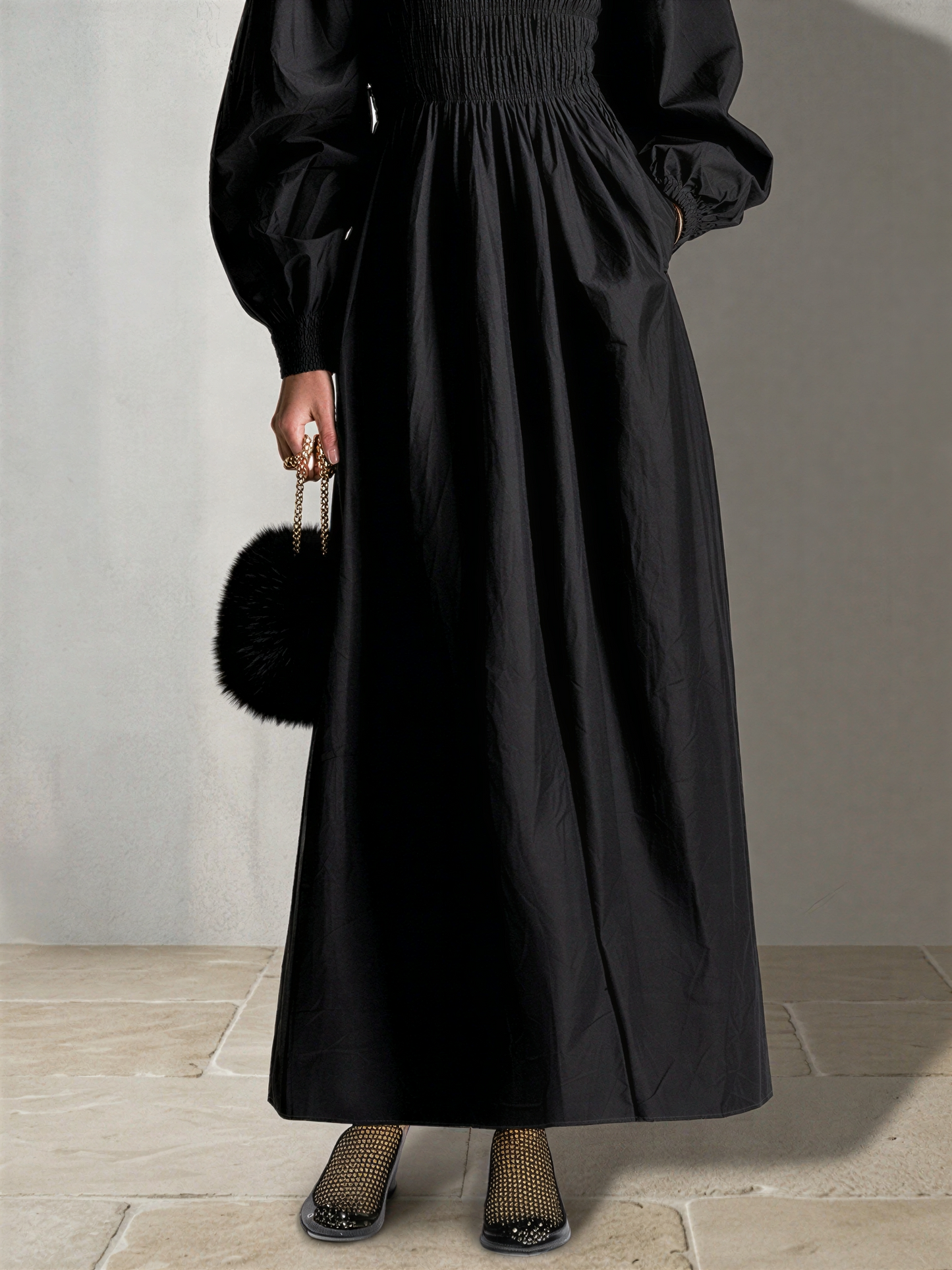 Women's Black Cotton Poplin Maxi Dress With Smocked Elastic Bodice & Puff Balloon Long Sleeves, Minimalist Elegant Side Pocket Flowy Maxi Dress