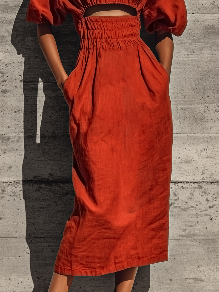 Women’s Rust Linen Blend Round Neck Puff Short Sleeve Midriff Cutout Smocked Waist Side Pocket Midi Dress