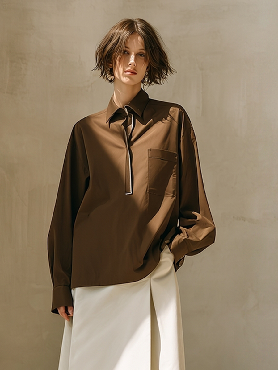 Women's Coffee & Ivory Cotton Two-Piece Set With Oversized Chest Pocket Shirt & High Waist A-Line Midi Skirt, Minimalist Neutral Smart Casual Matching Outfit