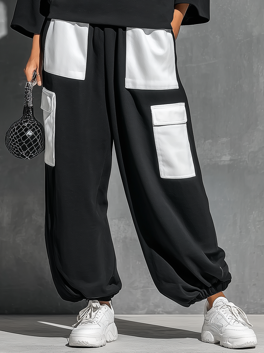 Women’s Black French Terry Oversized High Neck 3/4 Sleeve Sweatshirt & Elastic Cuff Color Block White Patch Pocket Jogger Cargo Pants Two Piece Tracksuit Set