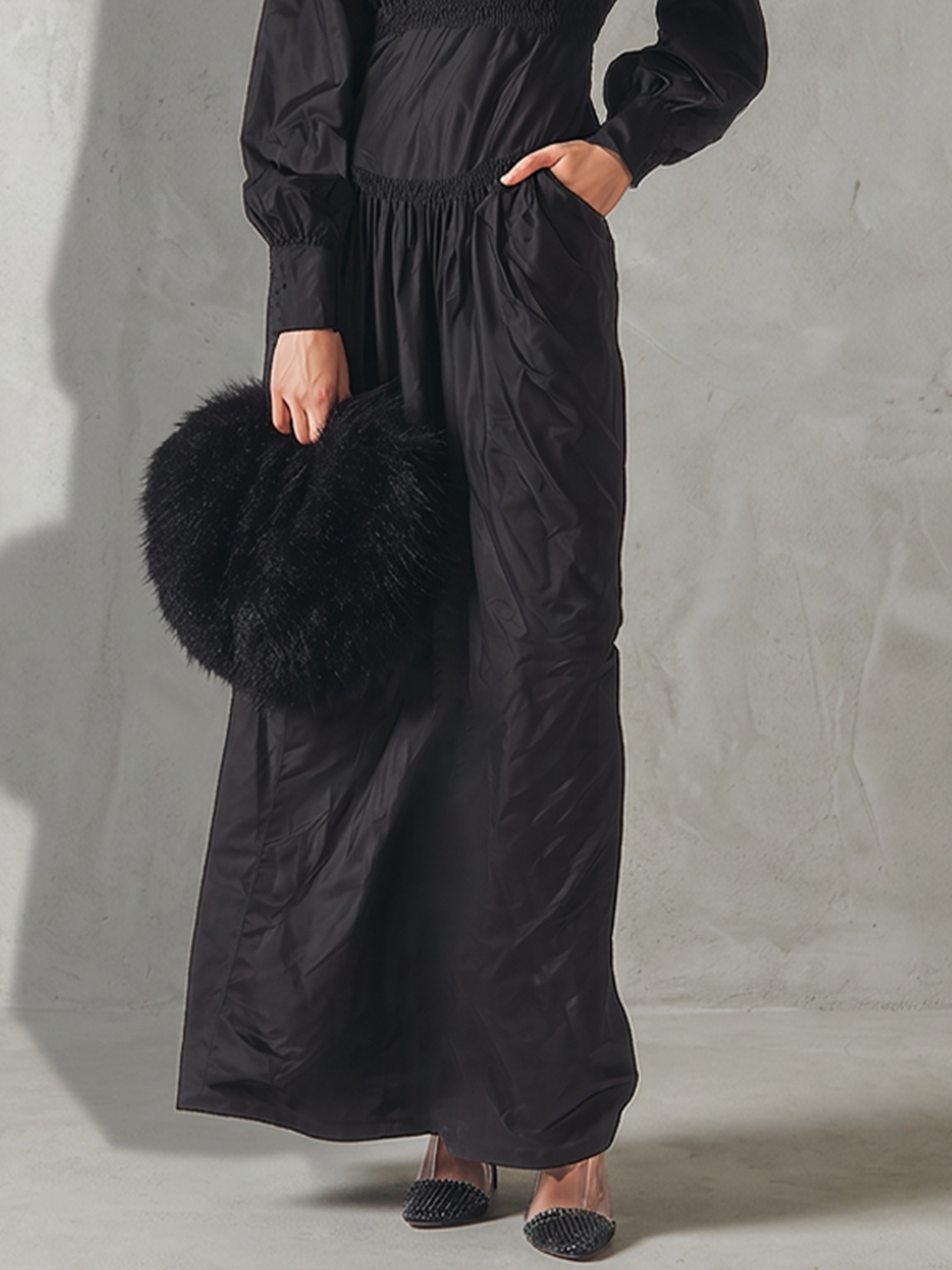 Women's All-Black Cotton-Blend Maxi Dress With Ruched Cinched Torso & Cuff Button Sleeves, Versatile Formal Occasion Flowy Maxi Dress