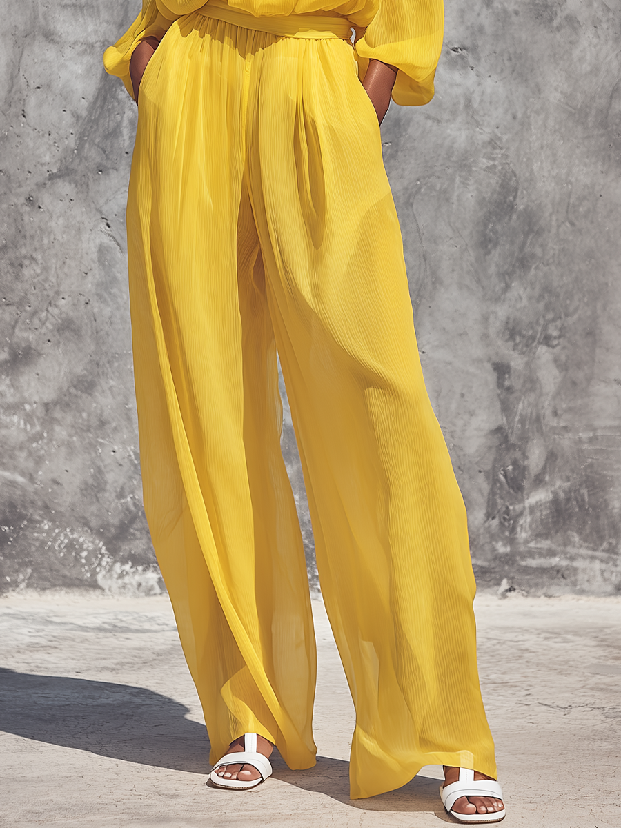 Women’s Bright Yellow Crinkled Chiffon Off Shoulder Bubble Three Quarter Sleeve Self Tie Waist Wide Leg Pants Two Piece Vacation Set