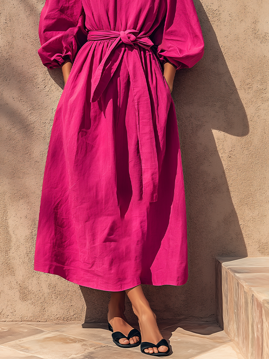 Women's Fuchsia Textured Cotton-Blend Maxi Gown With Cuffed Lantern Sleeves & Side Hand Pockets, Minimalist Effortless-Chic Summer Maxi Dress