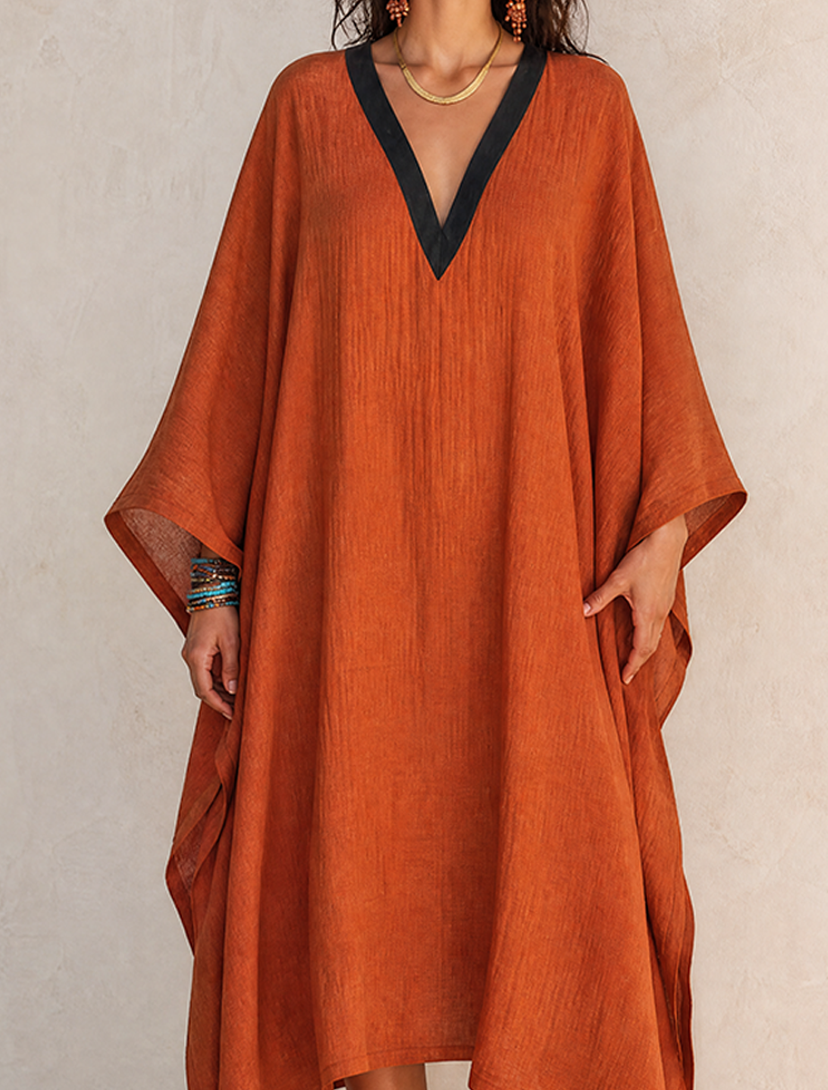 Women's Minimalist Solid Orange Linen V-Neck Midi Kaftan Dress