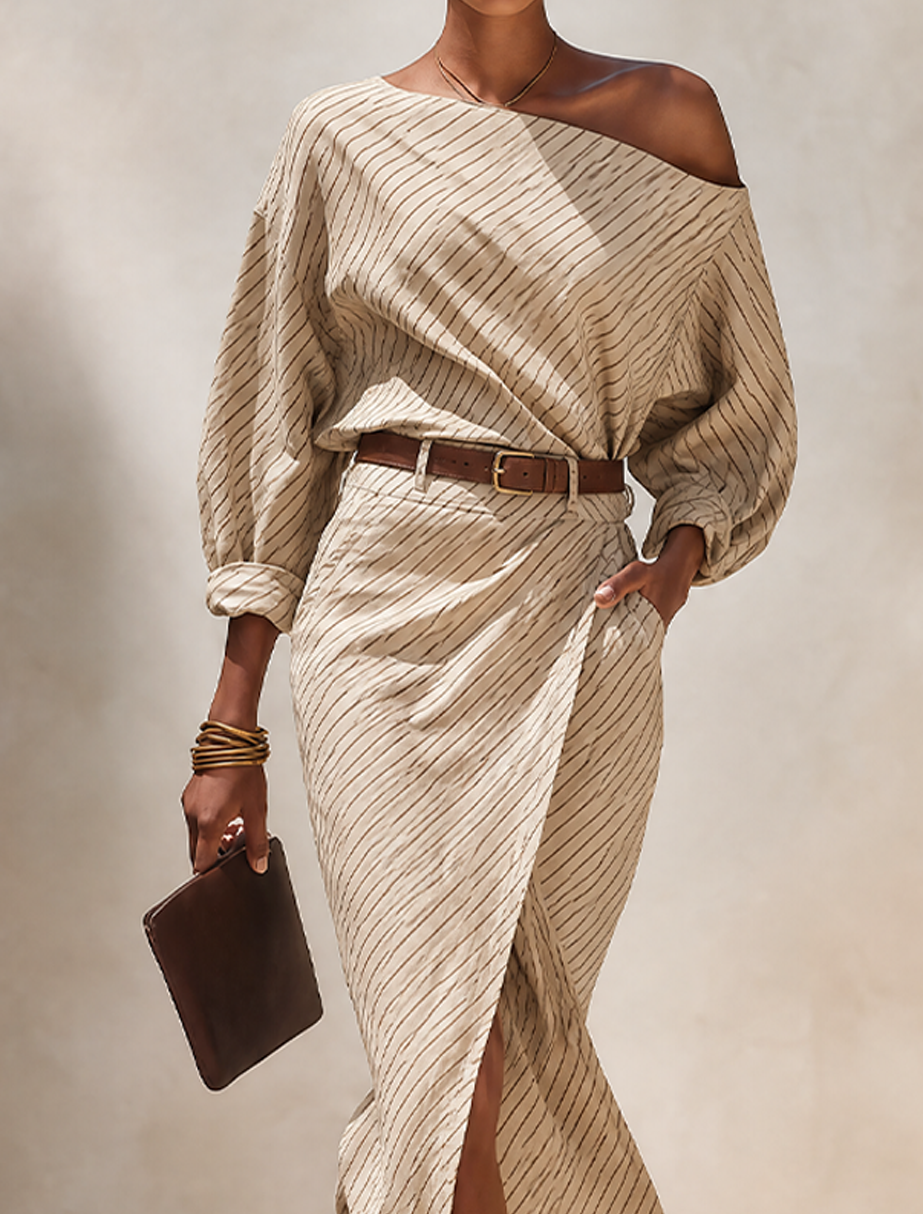 Women's Minimalist Beige Diagonal-Stripe Linen Off-Shoulder Midi Dress (Belt Not Included)