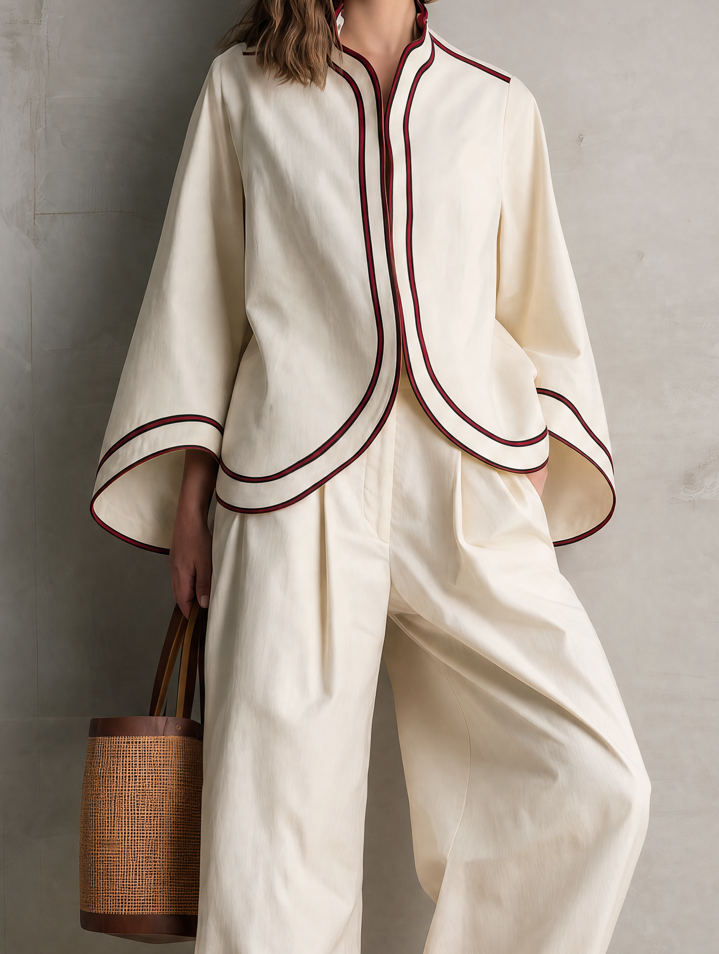Women's Casual Beige Woven Long-sleeve Jacket And Trousers Set